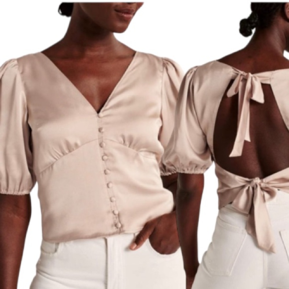 Abercrombie & Fitch Champagne Satin Blouse with Open Tie Back Size Small